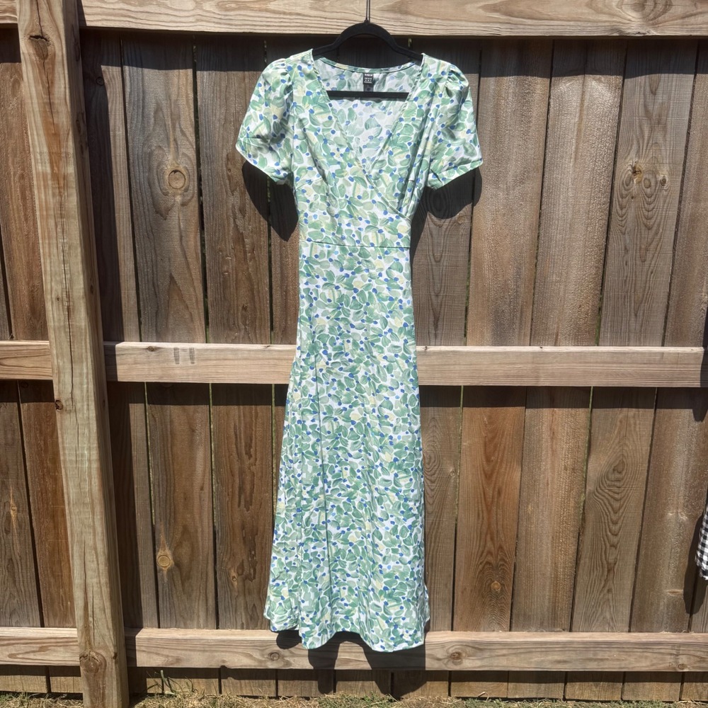 Shein Green Blue Floral Botanical Wrap V-Neck Maxi Dress Short Sleeve Size 6 M